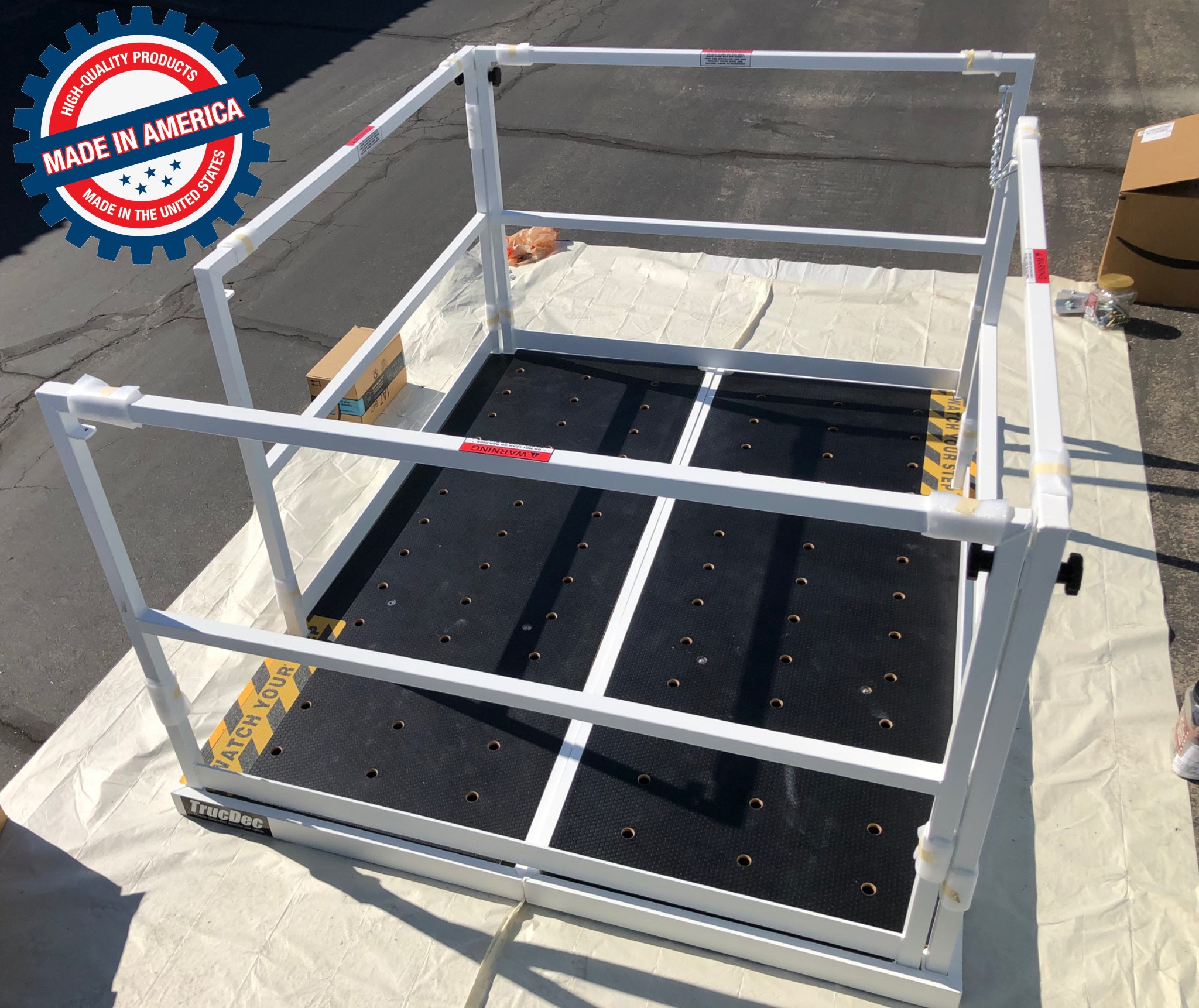 TrucDec Double-wide, trucdec, truedec, made in usa, truck deck, true deck, observation platforms, portable press box, portable guard platform, portable drone platform, rv roof deck, observation decks, work basket, drone launch pad, drone launch platform, truck platforms, filming platform, roof racks, truck bed platform