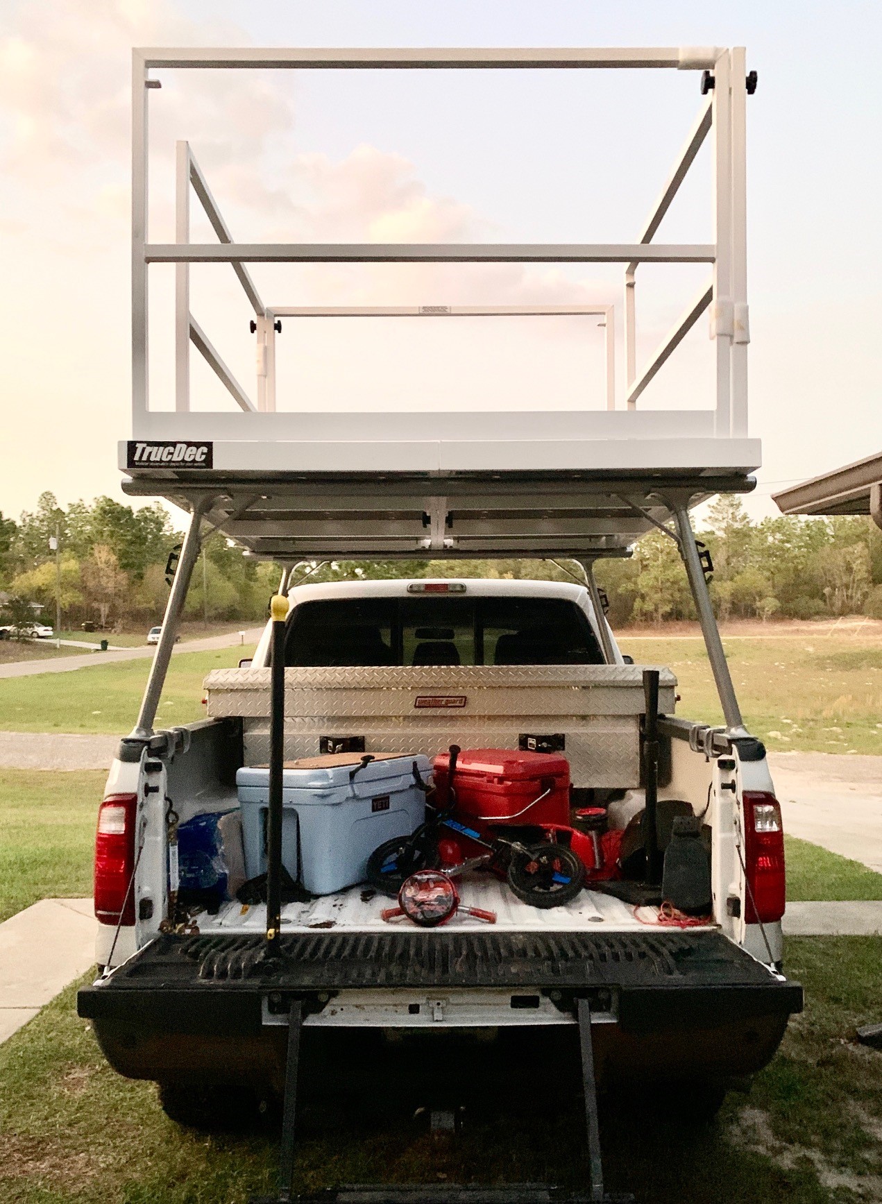 trucdec-white, trucdec, truedec, truck deck, made in usa, true deck, observation platforms, portable press box, portable guard platform, portable drone platform, rv roof deck, observation decks, work basket, drone launch pad, drone launch platform, truck platforms, filming platform, roof racks, truck bed platform